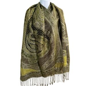 Chicos Rectangular Green‎ Metallic Gold Paisley Fringed Scarf Shawl Boho Hippie